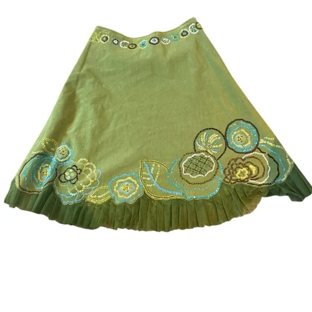 Christopher Fischer Beaded Floral A-Line Skirt Olive 10 - Picture 2 of 5